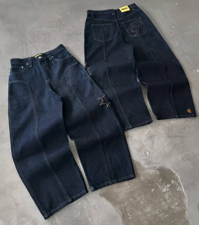 Embroidery Spliced Baggy Jean