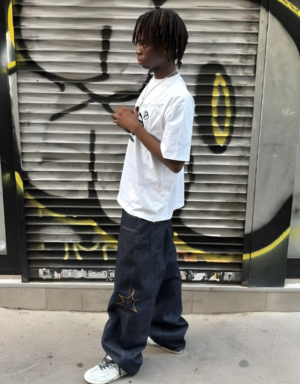 Embroidery Spliced Baggy Jean